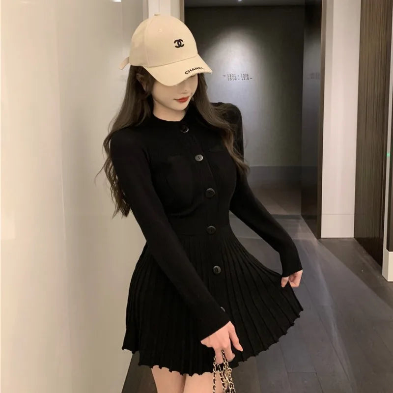 Fashion Korean Mini Dresses Female Autumn Winter 2024 Sexy Bodycon  Wrap White Short Women's Sweater Knitted One-piece Dress Hit - Seprincess