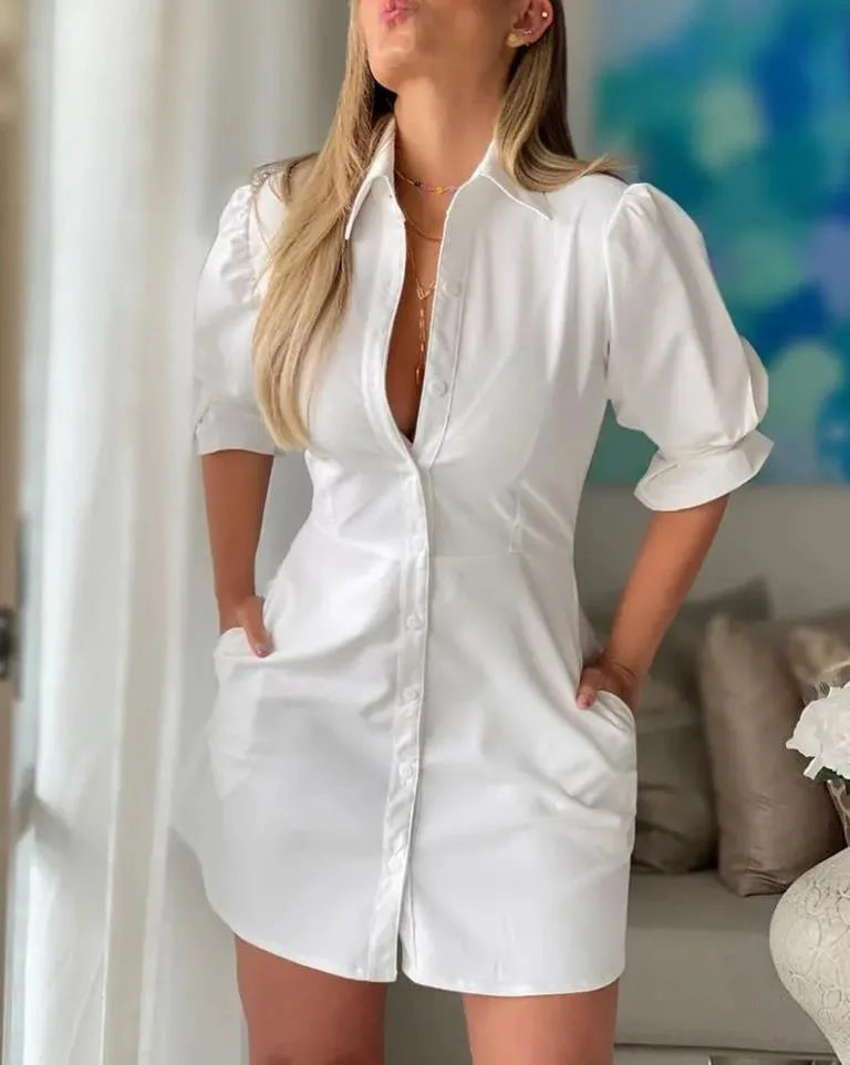 Summer Fashion White Turn-down Collar Shirt Mini Dress Elegant Women Casual Lantern Sleeve Button Pocket High Waist Slim Dresses - Seprincess