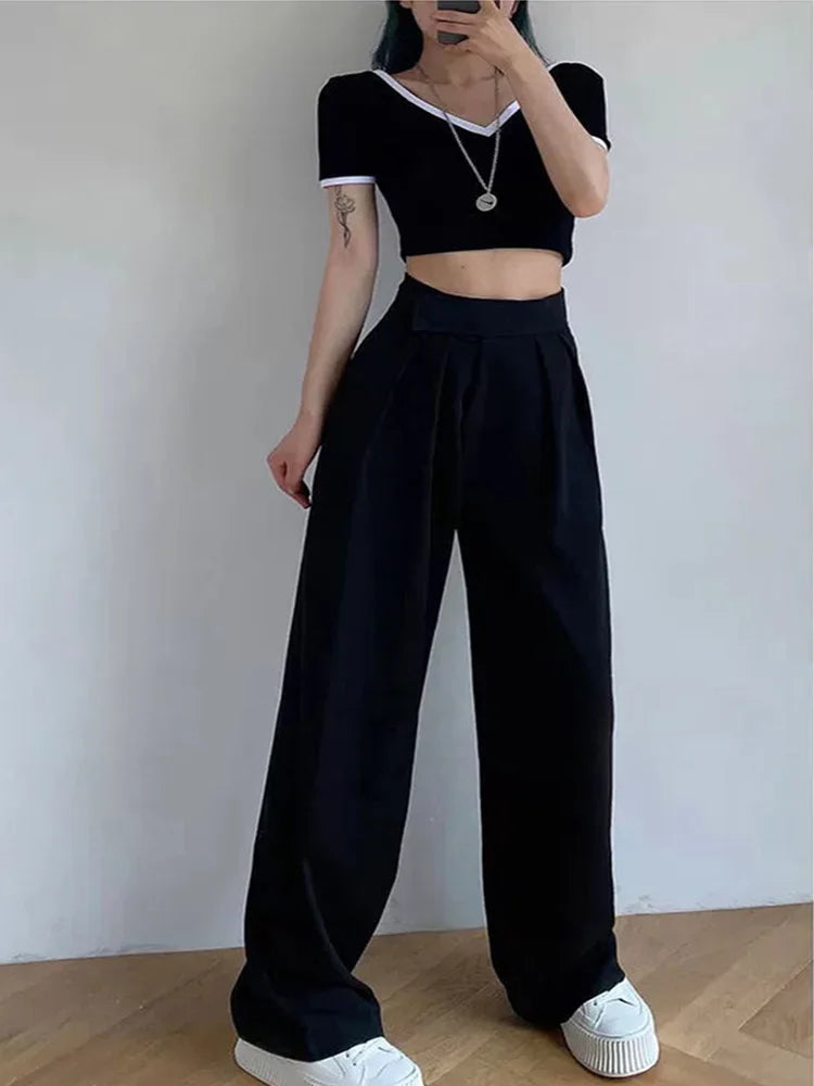 Women Chic Office Wear Straight Pants Vintage High Ladies Trousers Baggy Korean 2024 Spring/Summer/Autumn Wide Leg Female