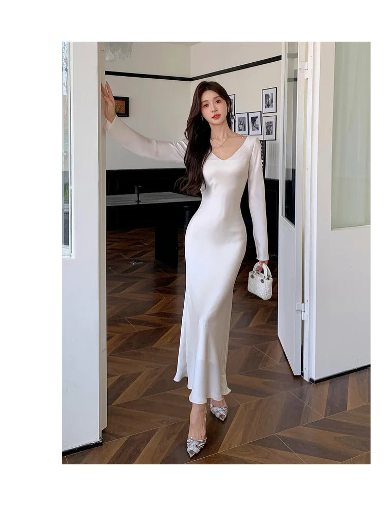 Autumn Solid Satin Long Dresses Women Wedding Evening Party Dress with Camisole Prom Robe V-Neck Long Sleeves Mermaid Vestidos - Seprincess