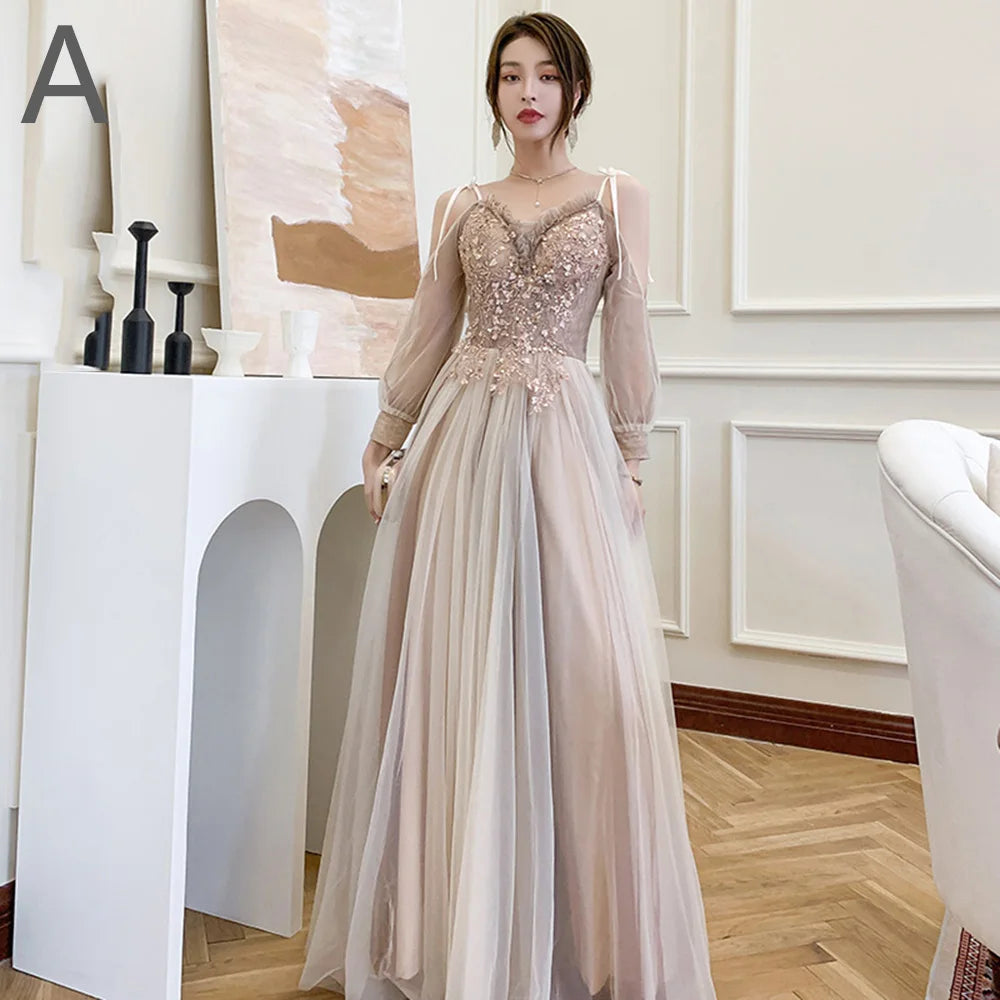 4 styles Champagne Pink Bridesmaid Dress Women's Elegant Off Shoulder Ruffles Sleeves Gown Sequins Flower Applique Vestido - Seprincess