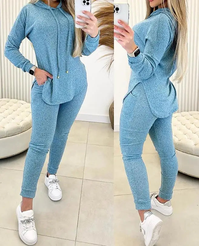 2 Piece Set Women Outfit 2024 Spring Fashion Hem Slit Long Sleeve Hooded Sweatshirt & Casual Pocket Design High Waist Pants Set - Seprincess