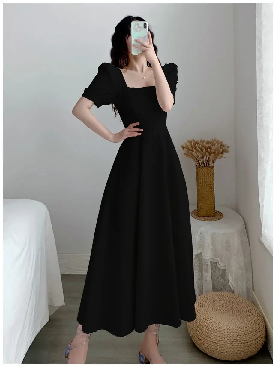 Elegant White Puff Sleeve Square Collar Dress Women's Waist-fitted Long Dress Slimming Effect Summer - Seprincess