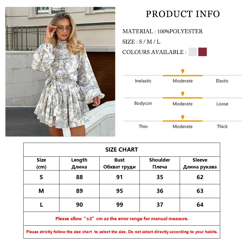 Clacive Casaul Loose Print Women'S Dress 2023 Fashion Stand Collar Puff Sleeve Mini Dresses Elegant Lace-Up Pleated Female Dress - Seprincess