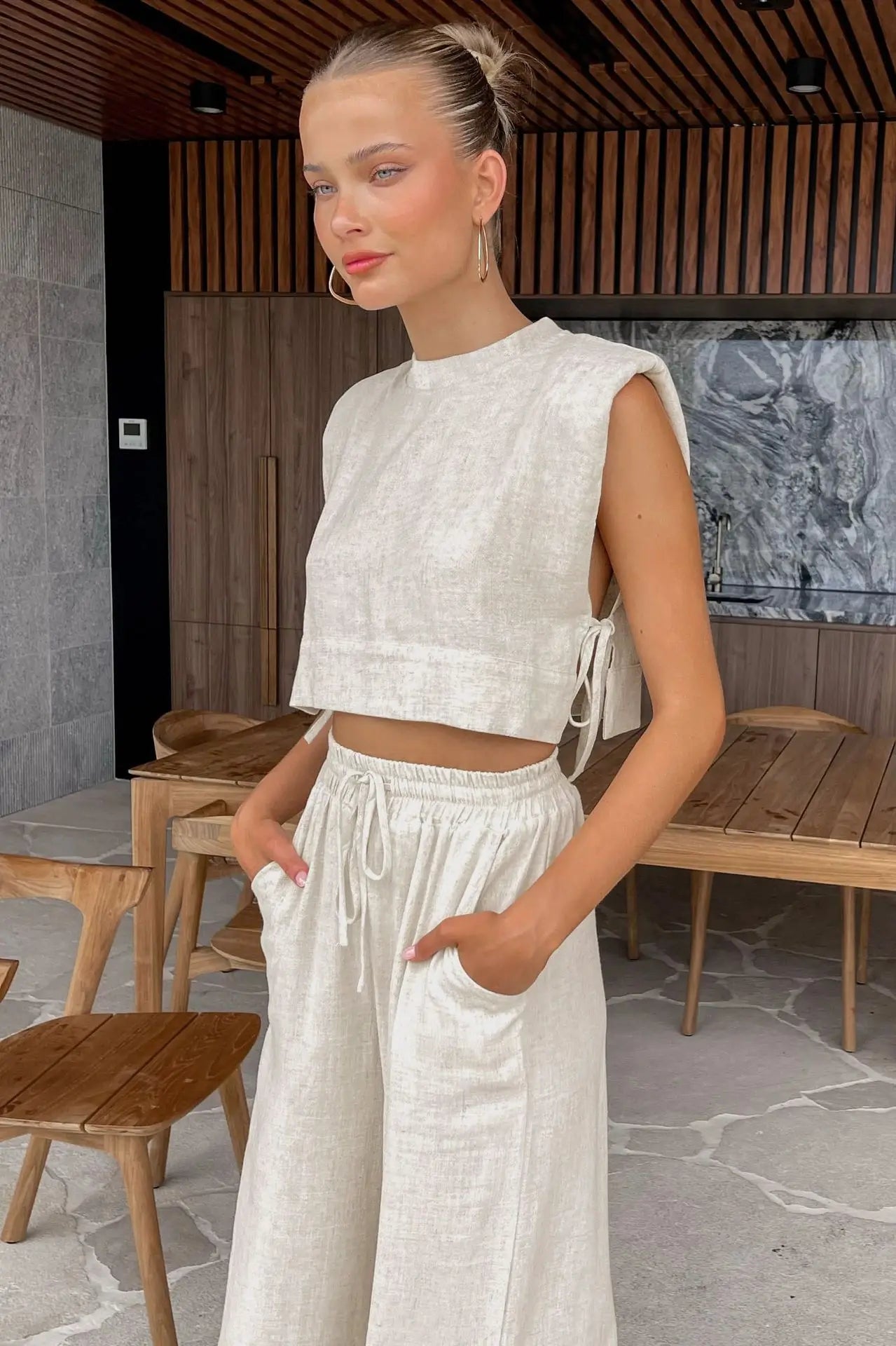 Women Holiday Linen Pant Set Crop Tops Solid Outfits 2 Two Piece Matching Set for Women Sleeveless Casuals Fashion Summer 2023