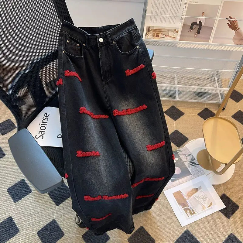 Black and Red Letter Embroidered Jeans Female Y2K Spring and Autumn New High Waist Loose Couple Casual Slim Wide Leg Mop Pants