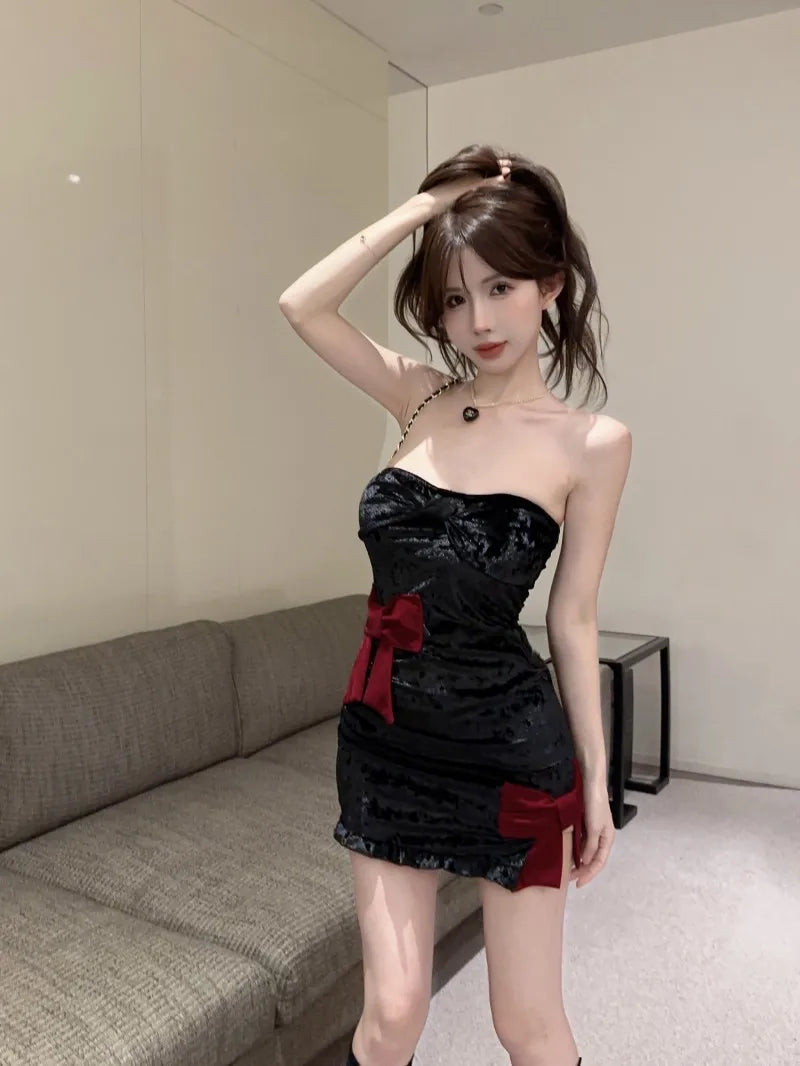 velvet Temperament Korean Style Sweet Fashionable Strapless Bow Tie Straps Folds Wrap Buttocks Tight Fitting Dress Versatile R57 - Seprincess