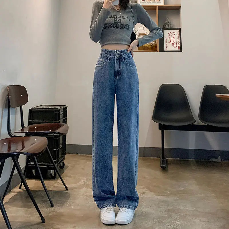 Solid Pockets Button High Waist Jeans Elegant Fashion Harajuku Slim Fit Female Clothes Casual Sweat All Match Straight Pants