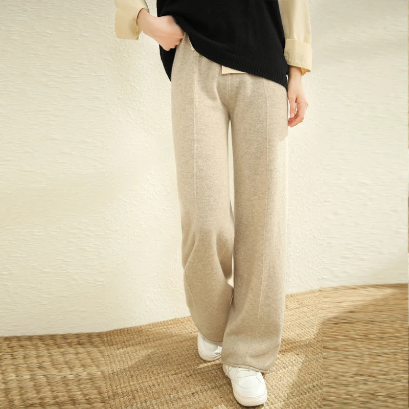 Autumn Winter New Women Wide-Leg Wool Pants 100% Merino Wool Quality Soft Elastic Waist Trousers Casual Knitted Popular Slacks