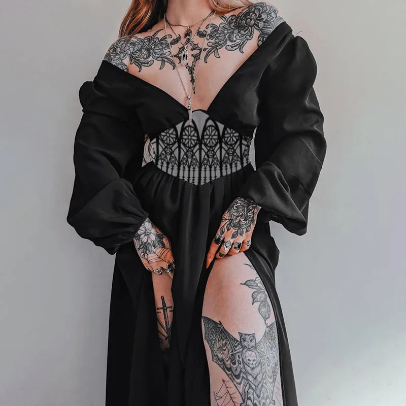 Fashion Hipster Slim Print Waist Big V-neck Dress Woman Halloween Party Black Dress Mysterious Witch Renaissance Daily Cosplay - Seprincess