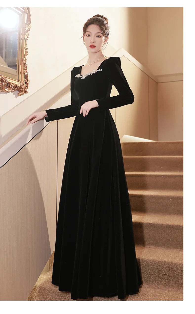 Autumn Winter Black Evening Dress Women Elegant  Luxury Velvet Long Sleeve A-line Party Dresses French Beadding Prom Gown - Seprincess