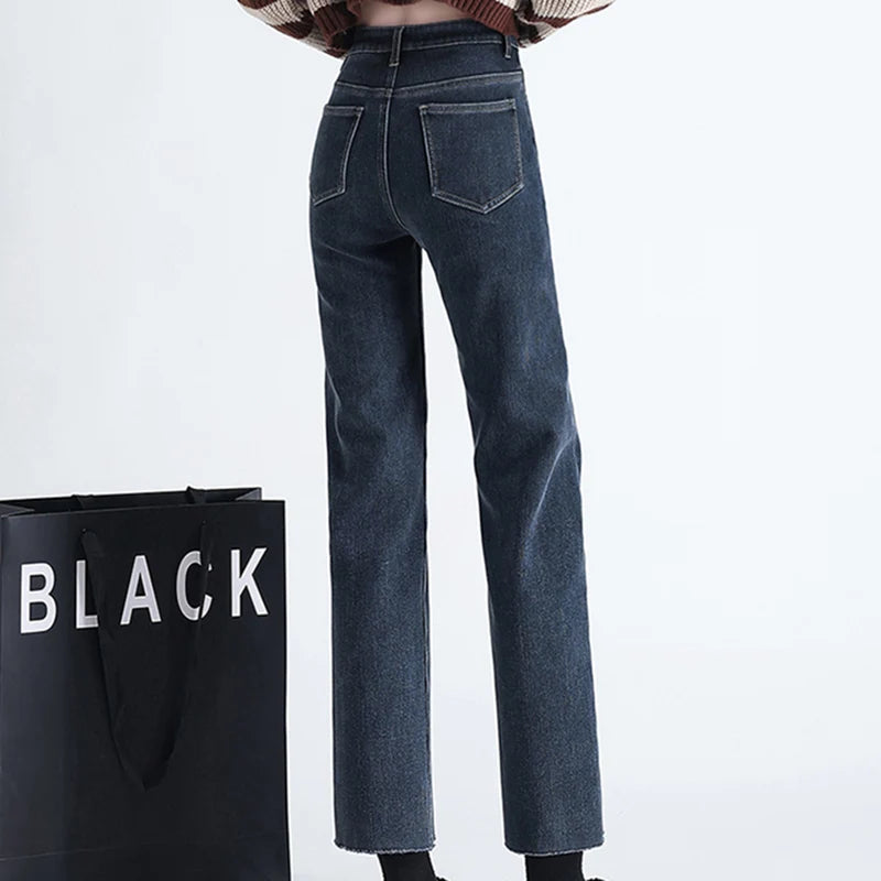 New Straight Denim Jeans Plus Velvet Autumn Winter Micro brushed Edge Elastic Pants High Waist Elastic Fleece Women's Trousers