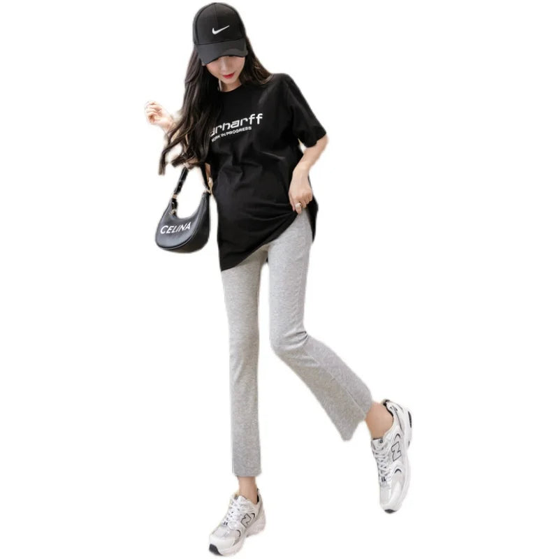 Spring Pregnant Woman Ankle-Length Pants Cotton Stretch Outside Wear Casual Maternity Boot Cut Thin Pregnancy Flare Trousers