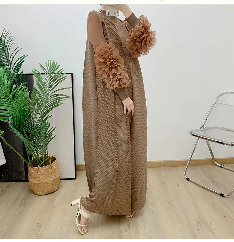 ANLAN Miyake Pleated Maxi Long Dress Mesh Petal Sleeve Half Turtleneck Formal Dresses for Women 2024 New Hot Sales 6KK9927