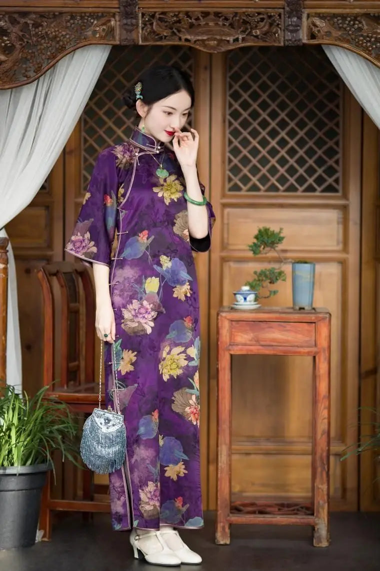 Spring Elegant Satin Stand Collar Purple Floral Printed Ball Gown Chinese Traditional Cheongsam Dress תחפושות לנשים לפורים 2023 - Seprincess