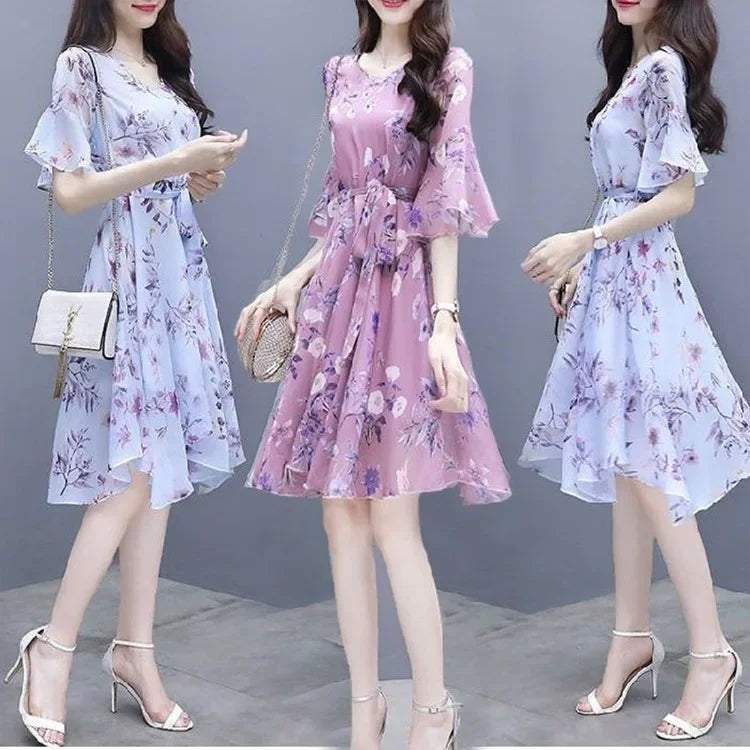 Elegant Summer New Korean-style Long Dress For Women Slimming Waist-fitted Medium-length Skirt Nylon Material Printed Dress - Seprincess