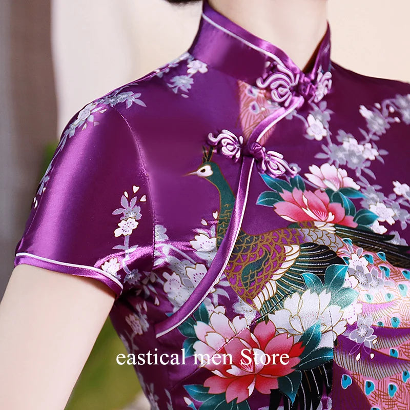 Purple Qipao Sexy Mini Chinese Style Dresses Print Flower Cheongsam Girl Y2K Cosplay China Doll Kung Fu Costumes Plus Size 6Xl - Seprincess