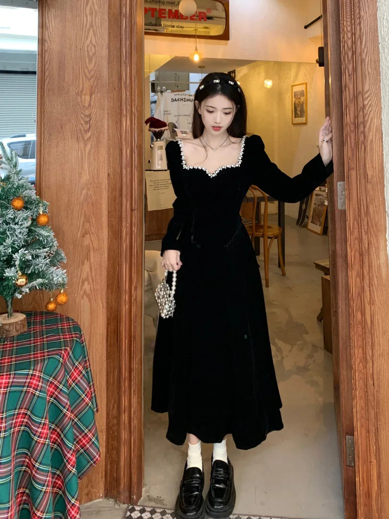 Woman's Party Evening Engagement Velvet Dress Black Vintage Prom Birthday Red Dress Long Sleeves Formal Christmas Clothing Robe - Seprincess