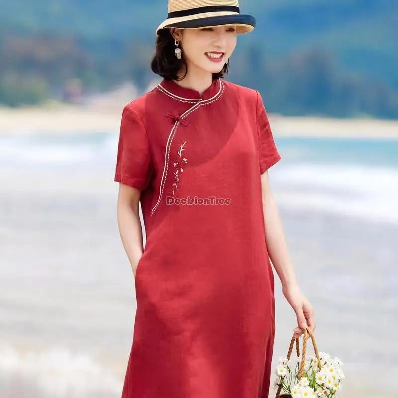 2023 chinese red women loose casual improved cheongsam dress summer new short-sleeved cotton linen embroidery qipao dress s494 - Seprincess