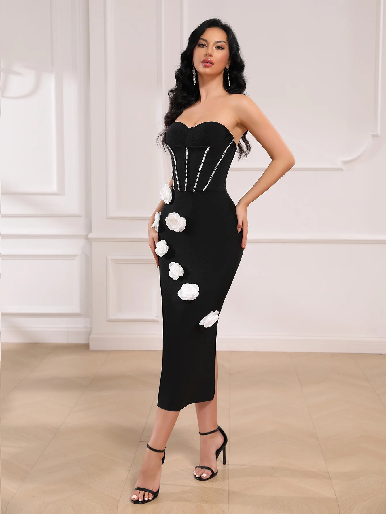 Luxury Handmade Bandage Dress Sparkling Diamond Flower Sexy Bodycon Celebrity Banquet Cocktail Party Ball Elegant Evening Dress - Seprincess