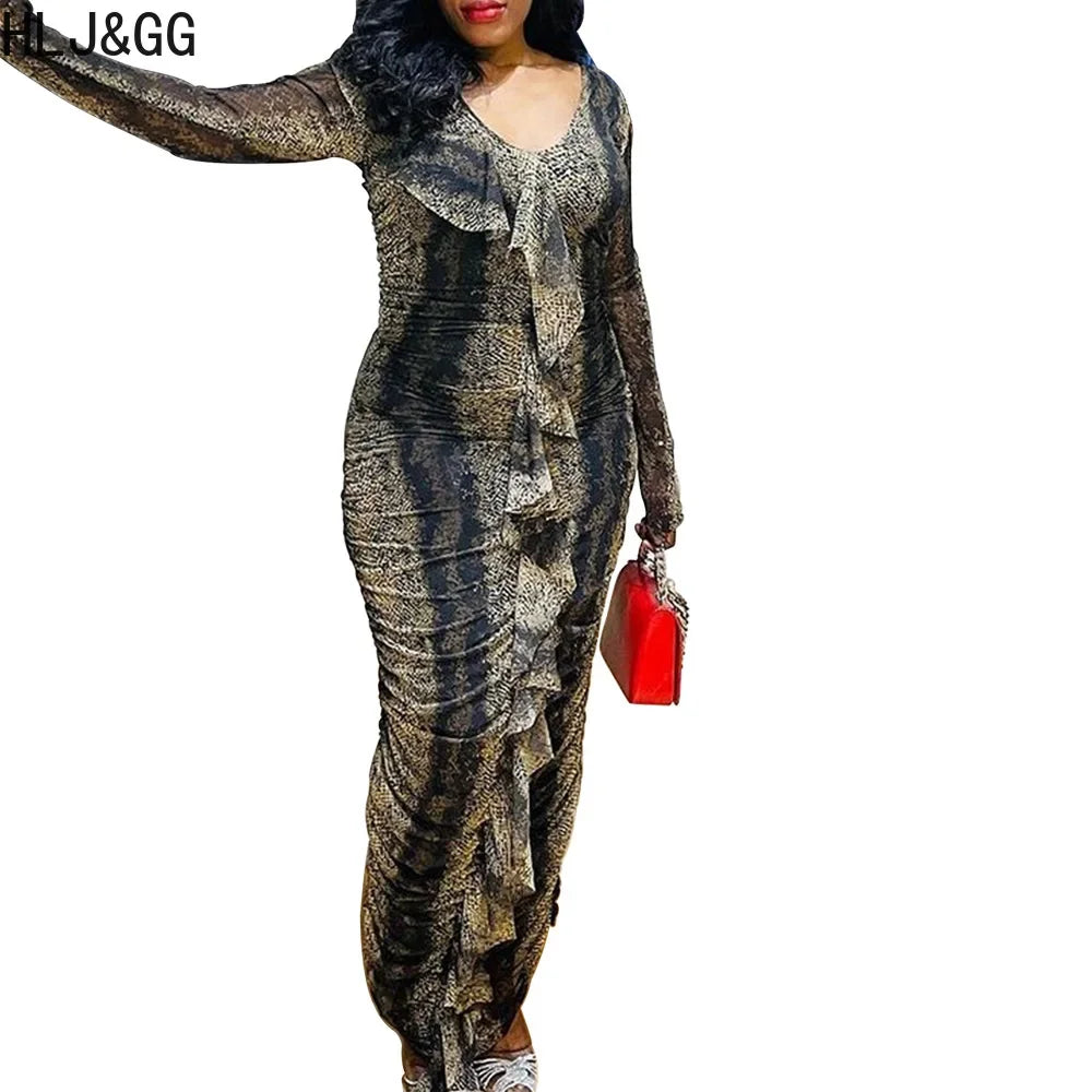 HLJ&GG Sexy Snake Printing Ruffle Bodycon Dresses Women V Neck Long Sleeve Slim Vestidos Fashion Female Ruched Dress Clothing - Seprincess