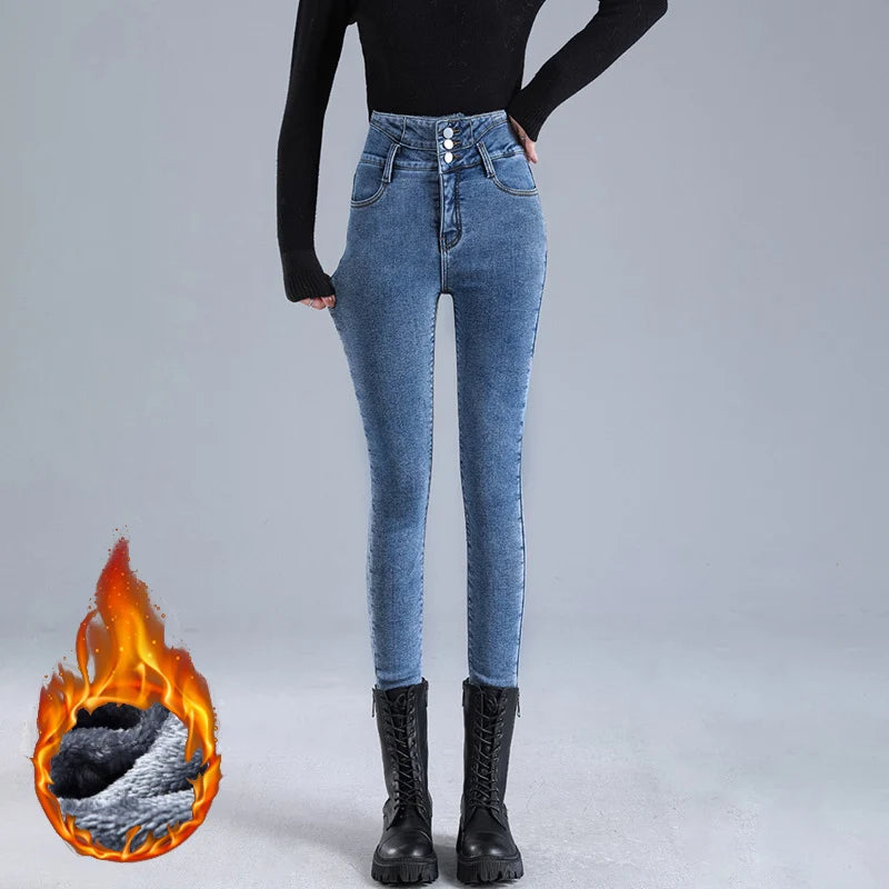 Women Thermal High Waist Jeans Winter Snow Warm Plush Stretch Jeans Lady Skinny Thicken Students Denim Pants Fleece Fur Trousers