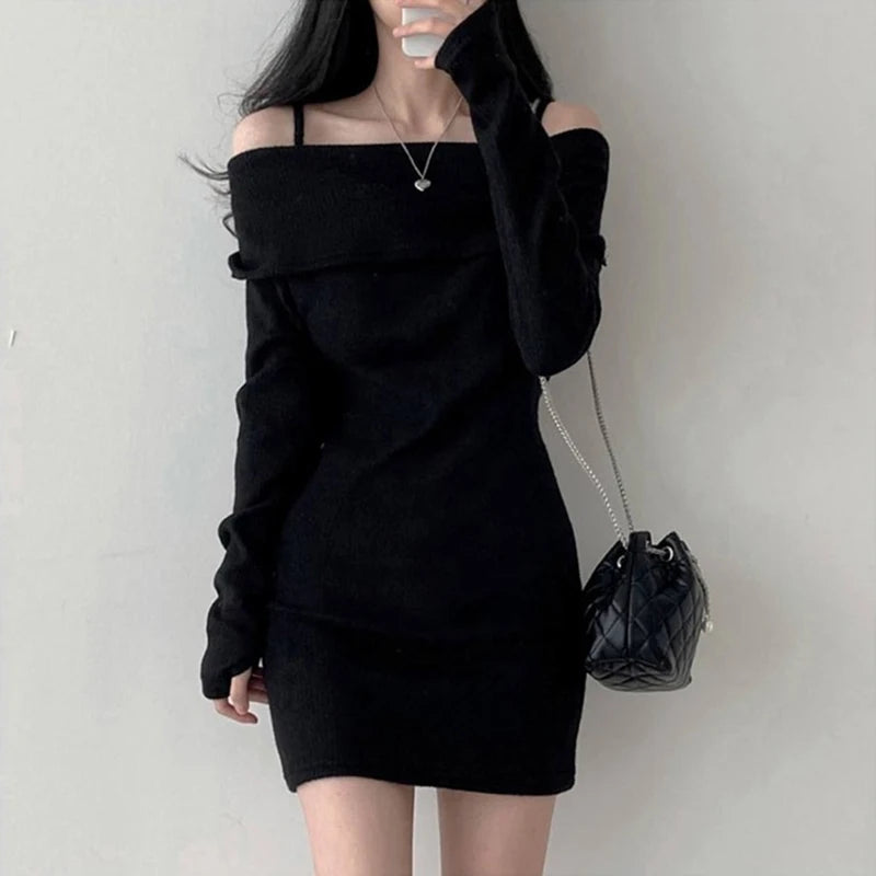 Y2K Women Knitted Mini Dress Korean Sexy Off Shoulder Female Dress Spring New Spaghetti Strap Long Sleeve Ladies Vestidos - Seprincess