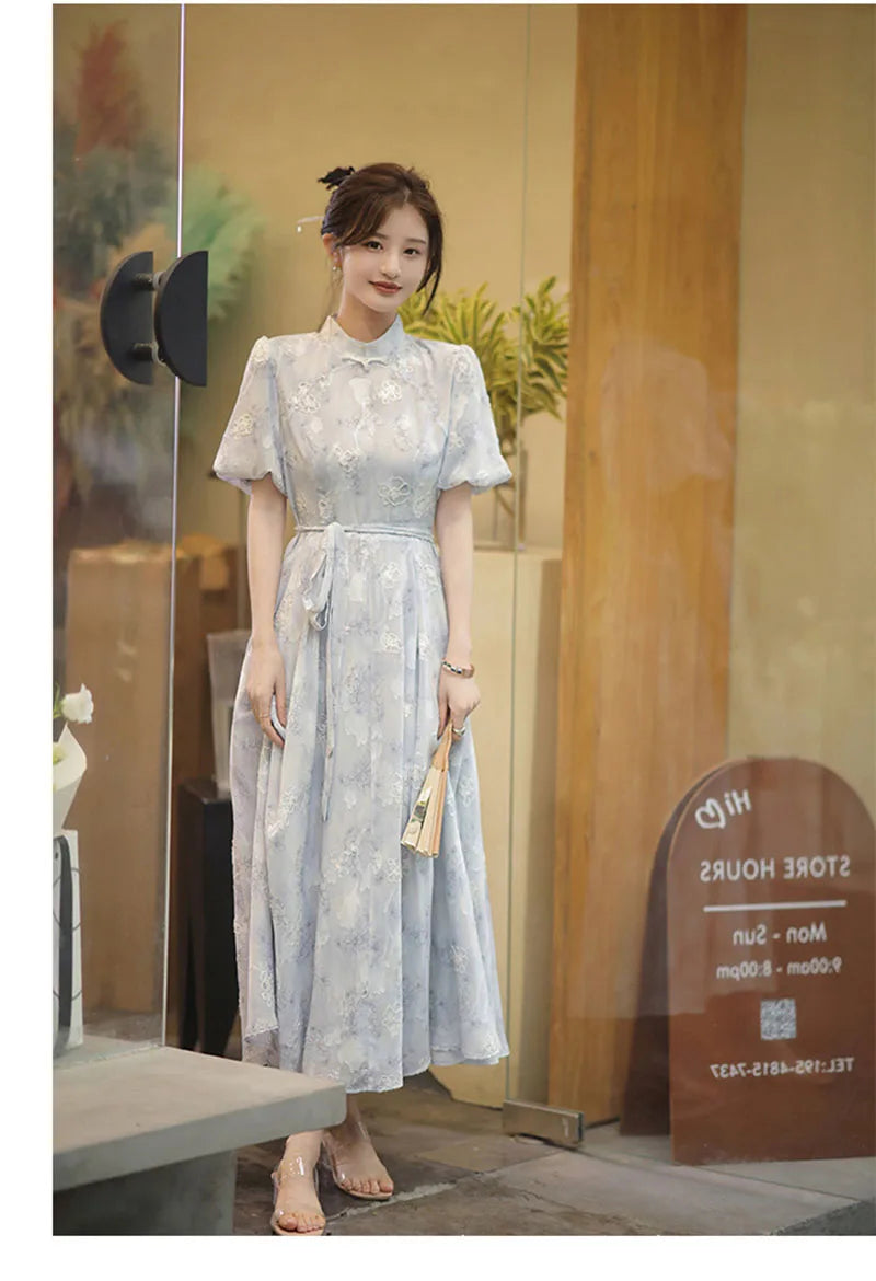 High Quality 2023 New Women Cheongsam Dress Embroidery Slim Elegant Long Qipao Chinese Style Wedding Dress Fashion Blue - Seprincess