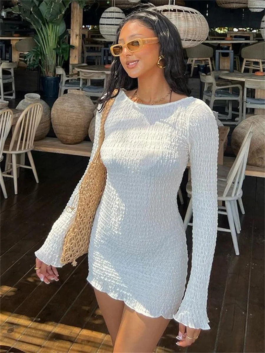 wsevypo Backless Bandage White Beach Dress 2022 New Holiday Casual Streetwear Women Long Sleeve O-Neck Wrap Short Dresses - Seprincess