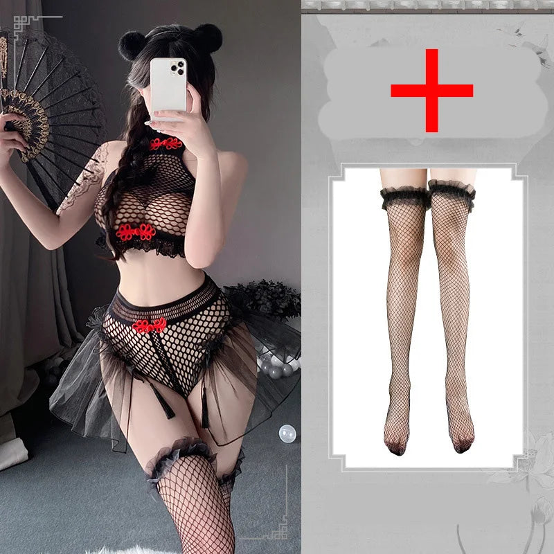 Sex Erotic lingerie Perspective of deep V-exposed mesh fabric in mesh clothing Cosplay sexy costume woman Women's pajamas xxx - Seprincess