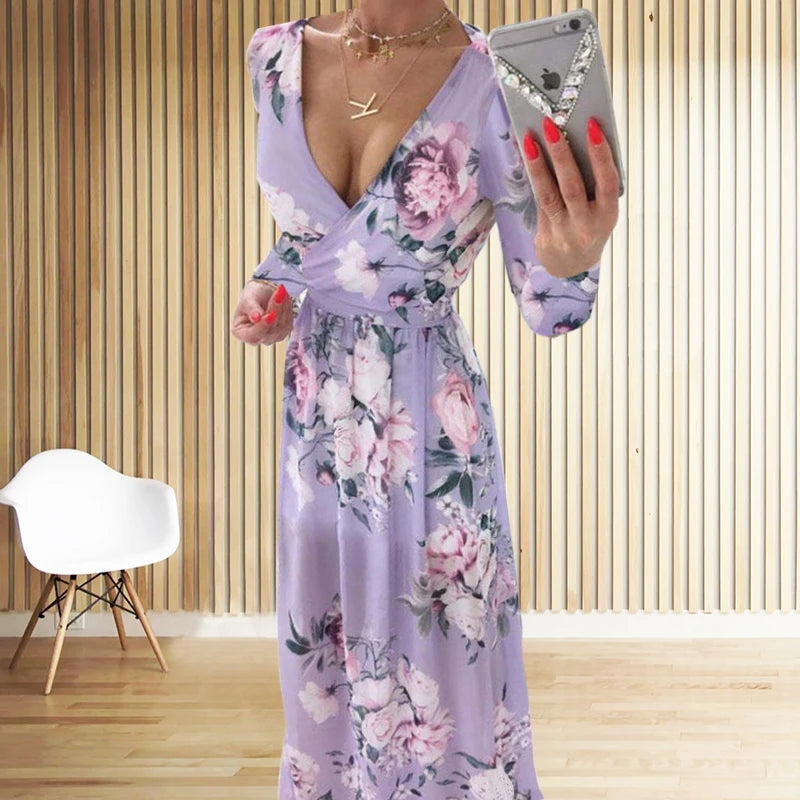 Amazon eBay Cross border 2024 Summer Chiffon Printed Long Dress V-neck Dress Long Sleeve Split Dress Women - Seprincess