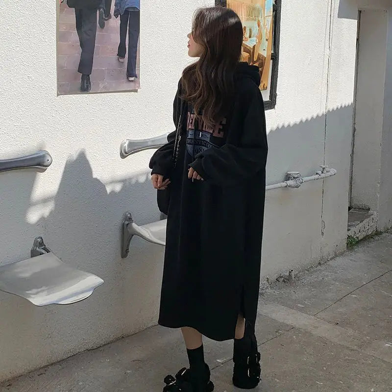 Autumn Winter Women Fleece Thicken Hooded Dress Print Letter Drawstring Korean Fashion Loose Midi Side Slit Oversized Dresses - Seprincess