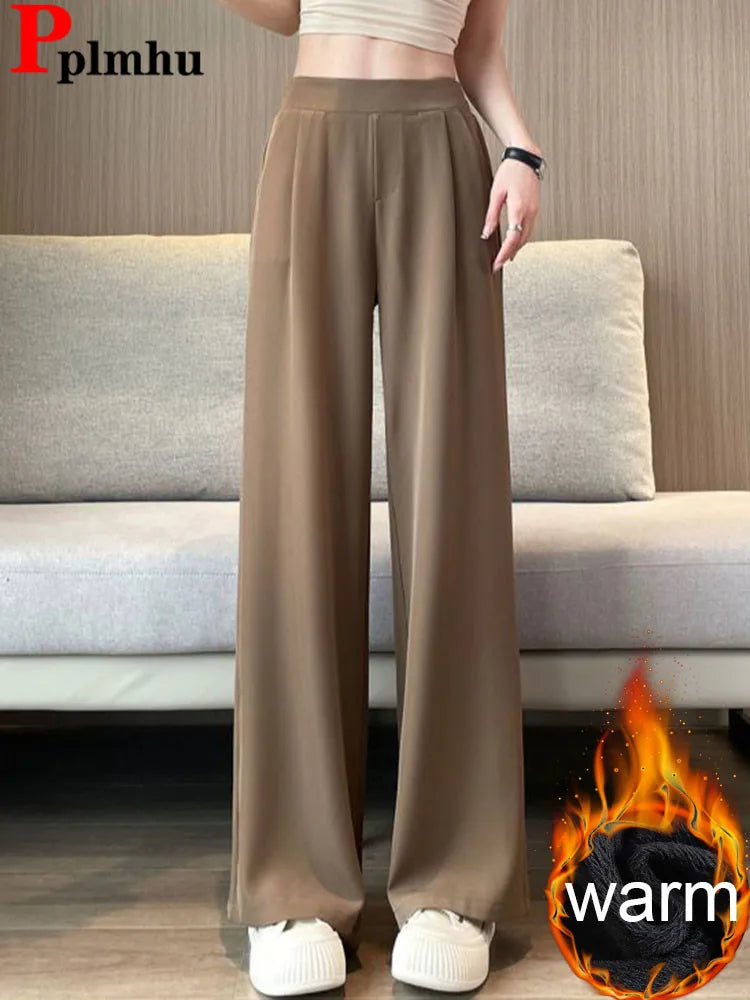 Women Formal Loose Thicken Straight Suit Pants Winter Warm Elastic High Waist Velvet Lined Wide Leg Pantalones Chic Solid Calca