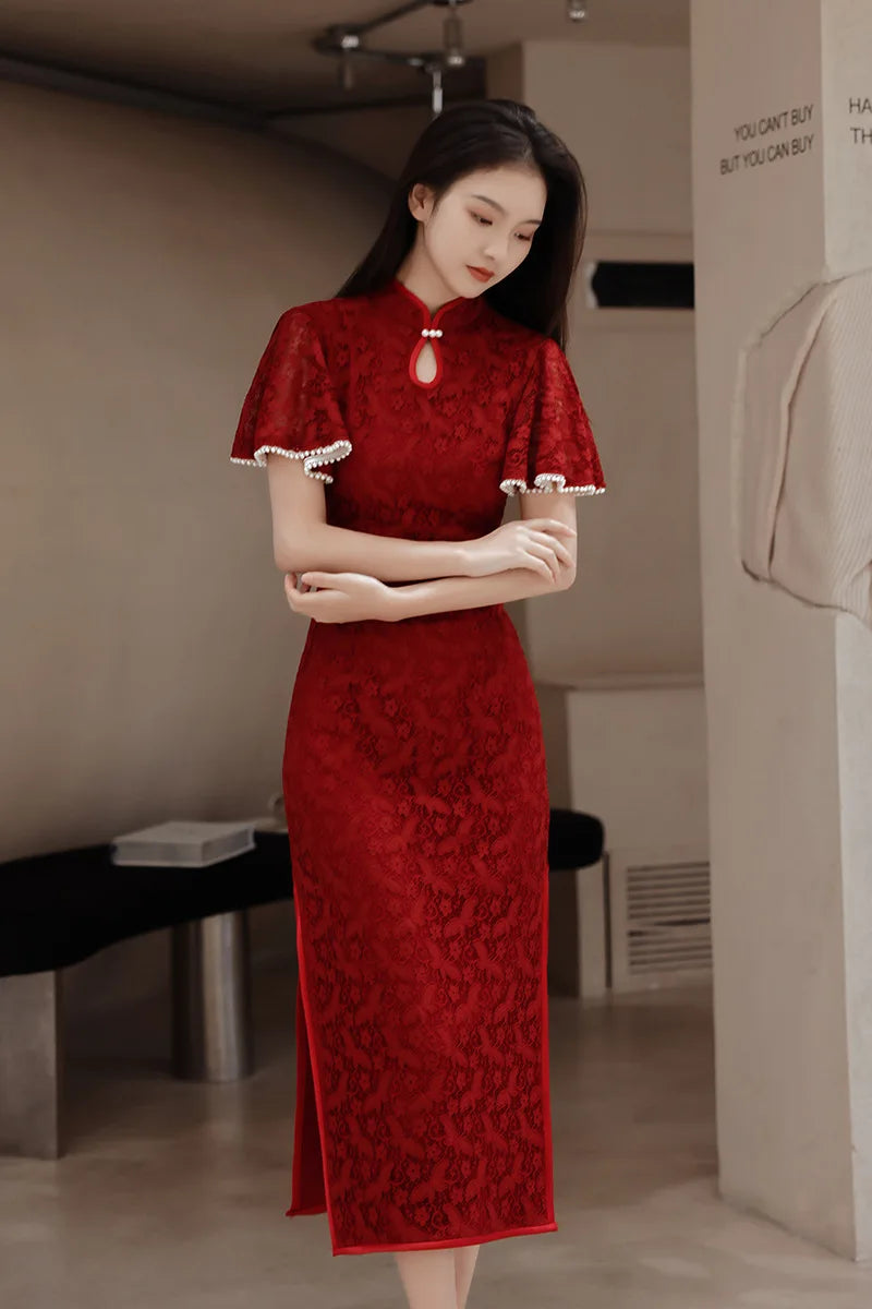 Red Cheongsam Chinese Women Lace Qipao Long Quipao Chinese Traditional Clostume Wedding Party Evening Dress Clothes - Seprincess