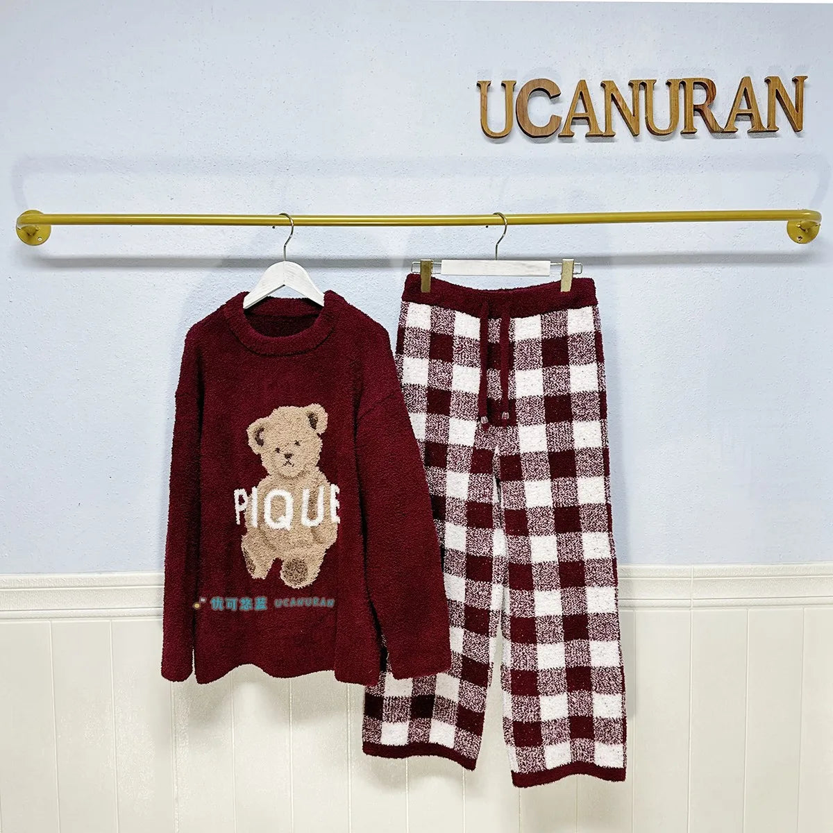 Japan Style Original New Year Teddy Bear Plaid Winter Thick Pajamas Knitted Sweaters Gown Wine Sleepwear Loungewear - Seprincess