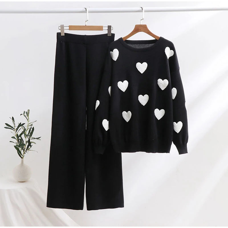 Casual Knitted Sweater Long Pants Woman's Set Loose Love Printed Pullover Sweaters High Waist Pant Sets Female Chic Outfits - Seprincess