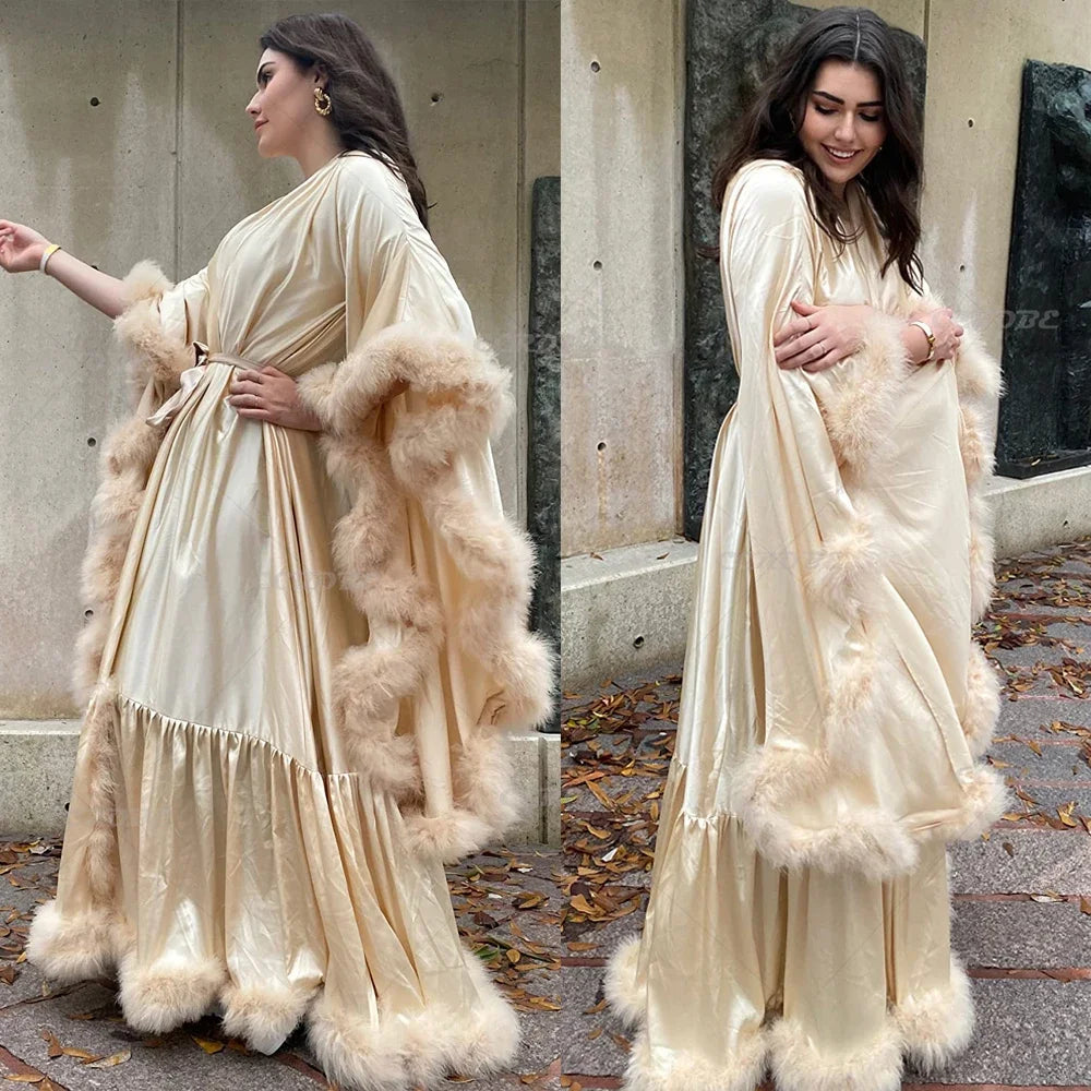 Women's Feather Bridal Robe Long Lingerie Robes Nightgown Bathrobe Sleepwear Wedding Scarf Silk Dressing Gown Photo Shoot - Seprincess