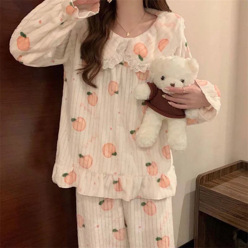 Cartoon Pajama Sets Women Pyjamas Warm Flannel Sleepwear Girl Pijama Set Suit Pant Home Korean Peach Sleep Lace Sleepwear - Seprincess