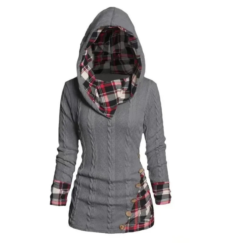 2024 Autumn Winter Chic Plaid Hooded Dress Women Knit Sweater Long Sleeve A Line Style With Trendy Splicing Perfect Casual Wear - Seprincess