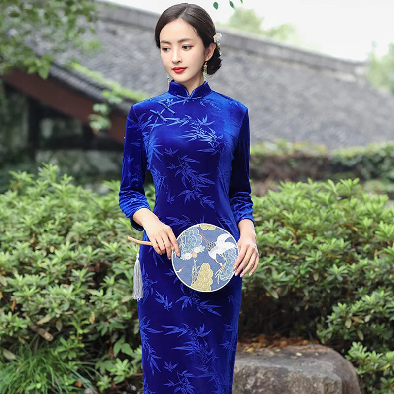 Plus Size Velvet Long Qipao Autumn Winter Female Chinese Dress Traditional Vintgae Mandarin Collar Cheongsam Sexy Slim Vestidos - Seprincess