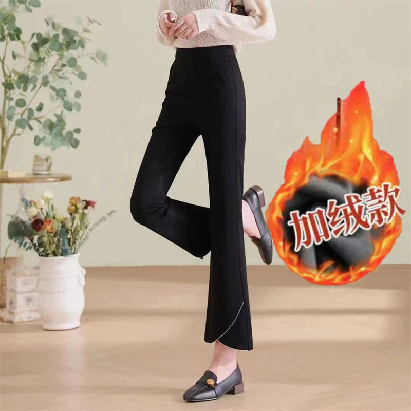 Women Korean Fashion Elegant Chic Flare Pants Autumn Winter Female Black High Waist Plush Thick Trousers Slim Pockets Pantalones