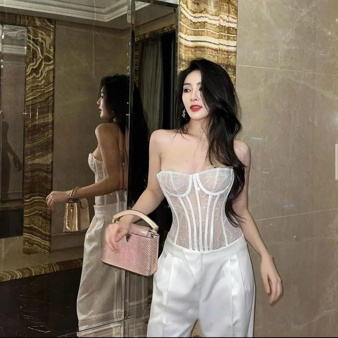 Sexy White Transparent Boned Corset Top Off-shoulder Bustier Tops Fashion Overbust Corset Bodysuit Outfit for Women Outgoing - Seprincess