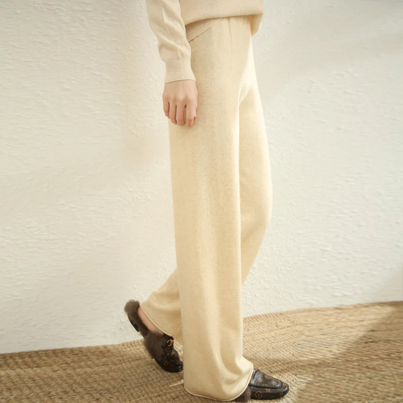 Autumn Winter New Women Wide-Leg Wool Pants 100% Merino Wool Quality Soft Elastic Waist Trousers Casual Knitted Popular Slacks