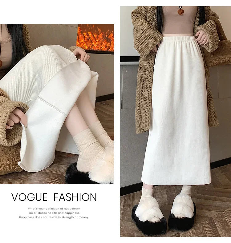 Thickened Fleece-Lined Corduroy Skirt Women's Autumn/Winter 2024 New Medium-Length A- Line Skirt With Side Slit High-Waisted