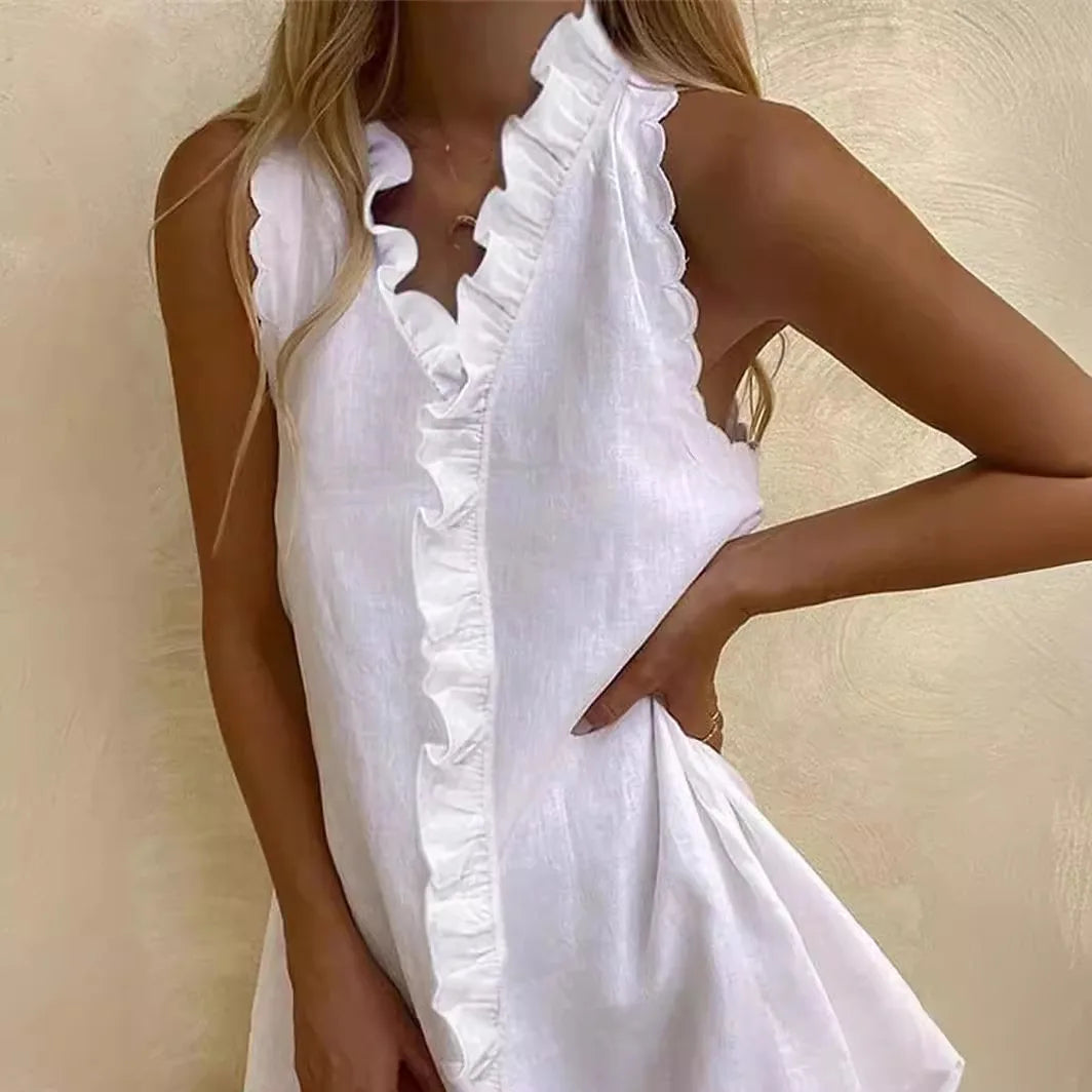 New Women Casual Cotton And Linen White Dress Summer V Neck Ruffles Sleeveless Elegant Boho Beach Party Mini Dresses Female Robe - Seprincess