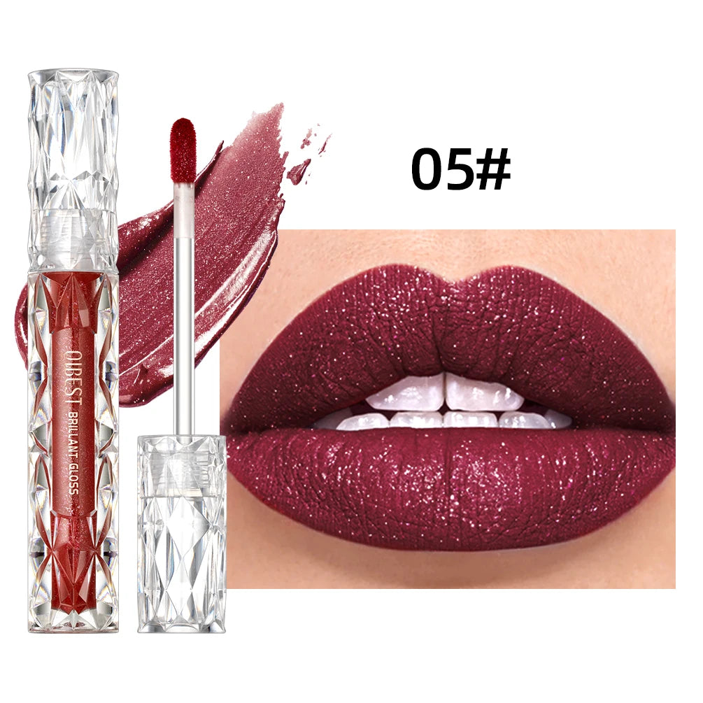 QIBEST Shimmer Lip Gloss Diamond Glitter Lip Tint Waterproof Long Lasting Matte Liquid Lipstick Red Purple Lipgloss Women Makeup