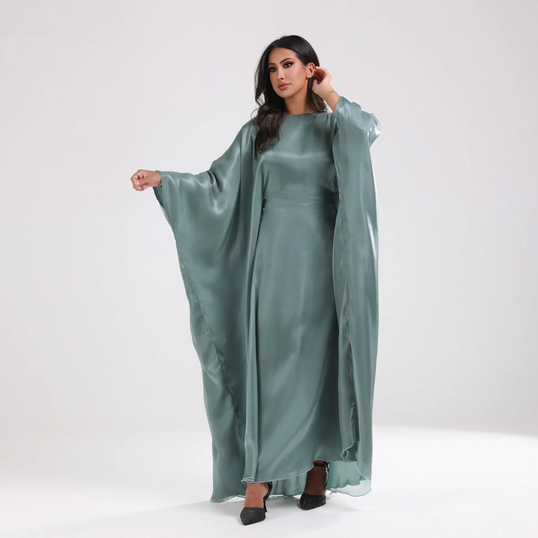 Eid Ramadan Abaya Shiny Satin Muslim Women Butterfly Sleeve Open Cardigan Kimono Dresses Turkey Dubai Kaftan Arab Robe Jalabiya - Seprincess