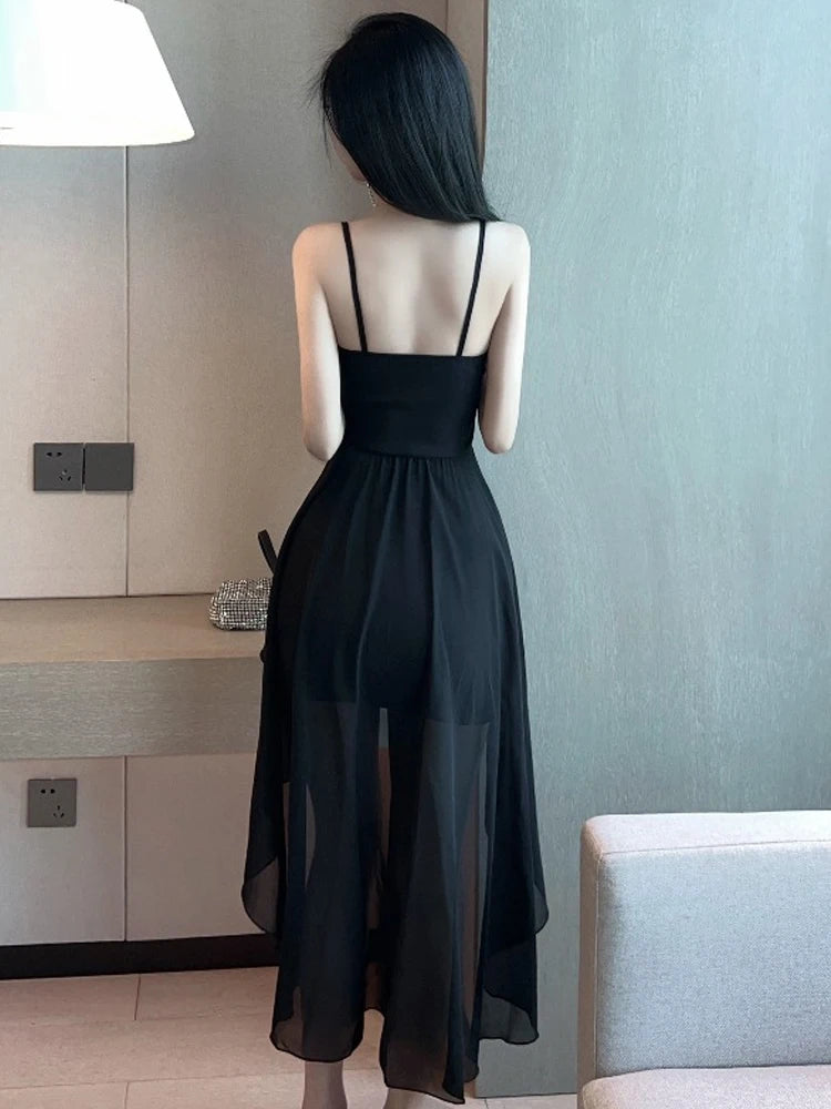 Onalippa Sexy Low-cut Strap Dress Early Spring New Temperament Feminine Irregular Waist Thin Solid Color Big Dresses Female - Seprincess