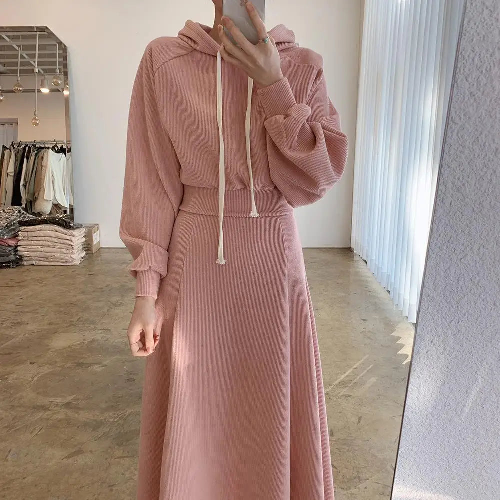 2024 Skirt Sets Women 2 Piece Outfit Korean Fashion Stylish Hoodie Sweatshirt + Long Skirts for Young Lady Female Casual Clothes - Seprincess