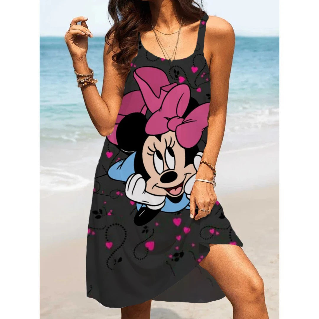 Women's Summer Casual Swinging Strap Beach Dress Disney Mickey Mouse Print Plus Size Loose Sexy Open Back Dress - Seprincess